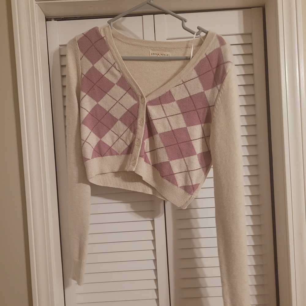 Aeropostale Beige and Pink Argyle Cardigan Crop Top